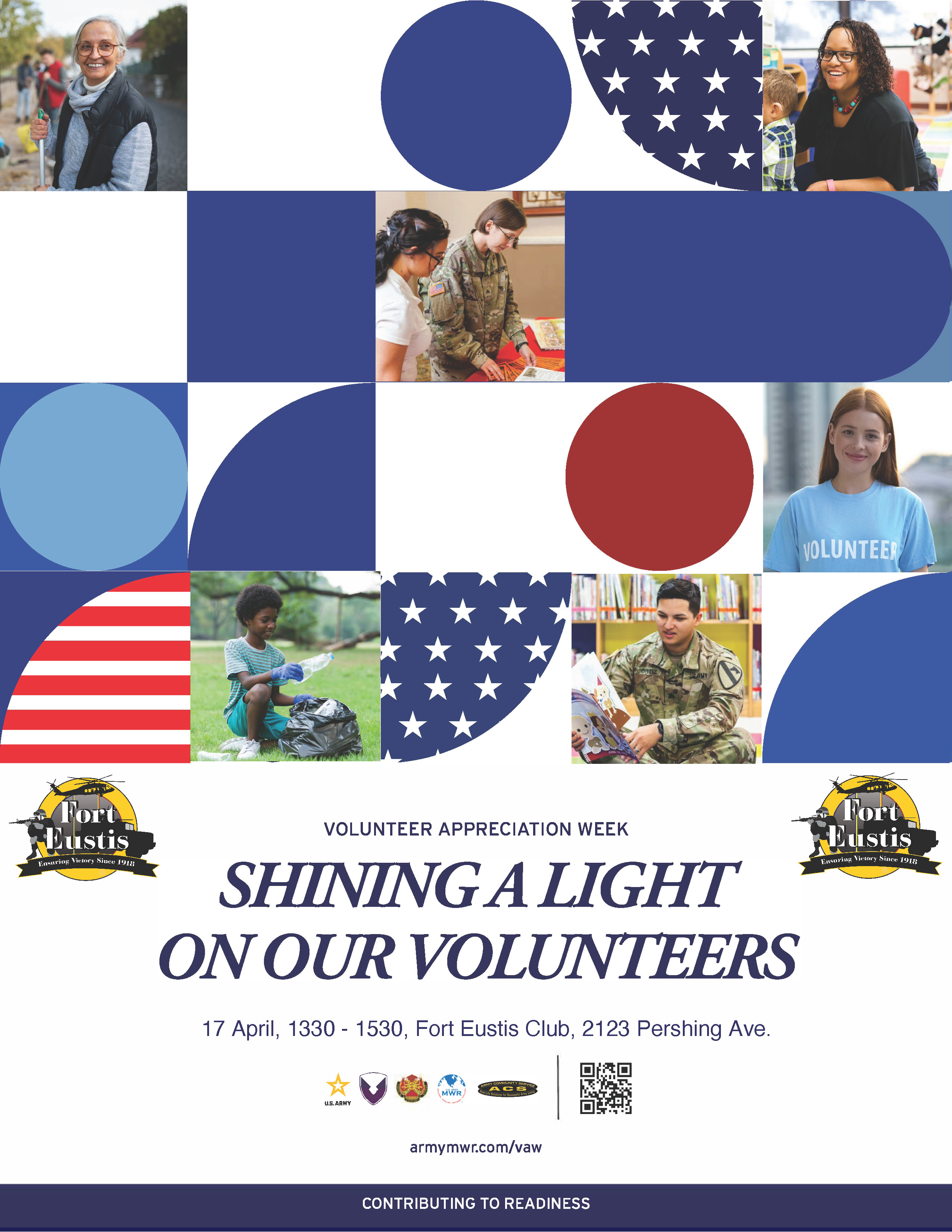 Flyer for JBLE-Eustis Volunteer Appreciation Ceremony on April 17th at 1:30 p.m. at the Fort Eustis Club